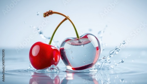 Refreshing cherry fruit splashing in water with a heart-shaped glass