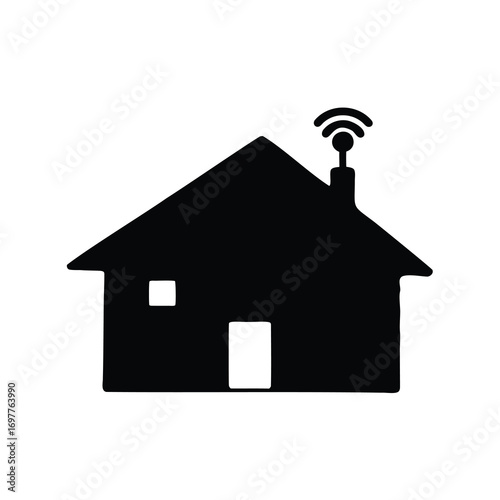 Simple black silhouette of a smart home with wi-fi signal emanating from chimney