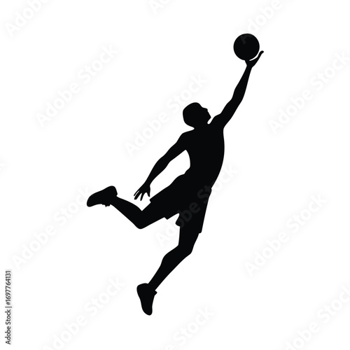 Dynamic black silhouette of a basketball player executing a powerful slam dunk