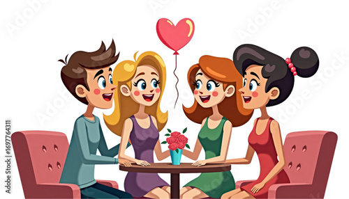 Young people having fun and sharing dating advice at a colorful table with a heart-shaped balloon