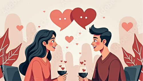 Young couple, romantic mood, enjoying a glass of wine, surrounded by hearts and plants