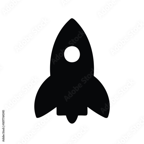 Bold black silhouette of a rocket ship ascending into the cosmos