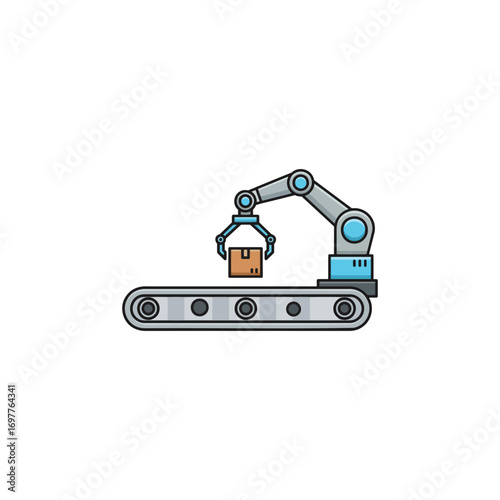A robotic arm precisely grips a cardboard box on a conveyor belt, illustrating automated industrial manufacturing and logistics processes.