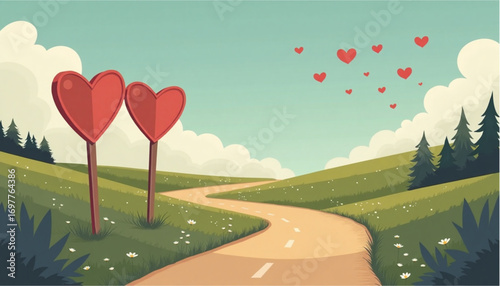 Landscape with heart-shaped signs, romantic mood, providing dating tips, in a scenic countryside setting