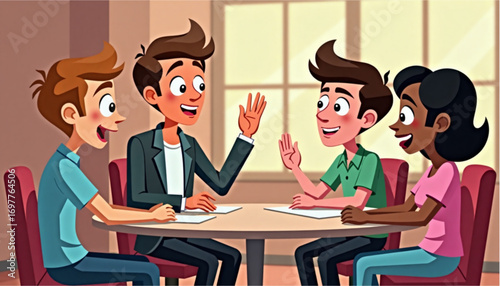 Group of friends, engaging mood, discussing dating tips at a table, sharing ideas and laughter