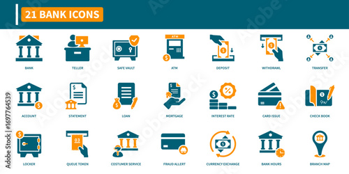 Bank icon set. Containing building, teller, vault, atm, account, and finance icons. Solid icon collection.