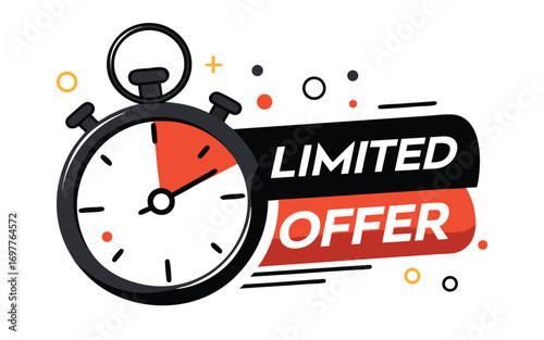 Last minute limited offer with clock for sale promo, button, logo or banner or red background. Hurry up sale label with time countdown for limited offer sale or exclusive deal. Special offer badge, 