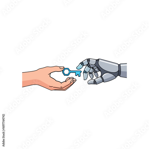 A human hand and a metallic robot hand exchanging a small blue key.