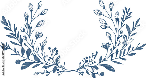 Delicate blue floral wreath with tiny buds and leaves on white background