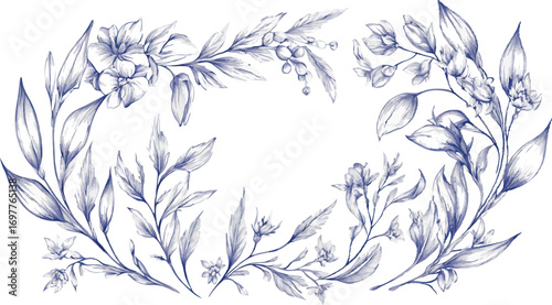 Delicate hand drawn floral wreath with leaves and flowers in a loose sketch style