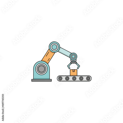 A robotic arm lifts a cardboard box from a conveyor belt, illustrating automation in a light, minimalist style.
