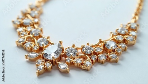 Close-up shot of elegant, gold-tone statement necklace with sparkling cubic zirconia accents, perfect for adding a touch of glamour to any outfit ,  ornate,  bright