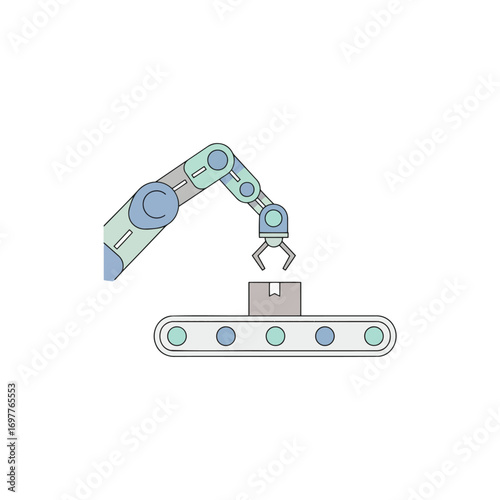 Illustration of a robotic arm picking up a box from a conveyor belt, symbolizing automation and manufacturing processes.