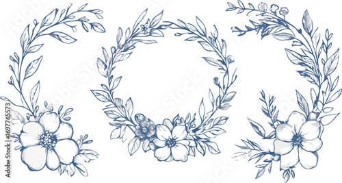 Delicate blue floral wreaths and branches with soft petals and greenery