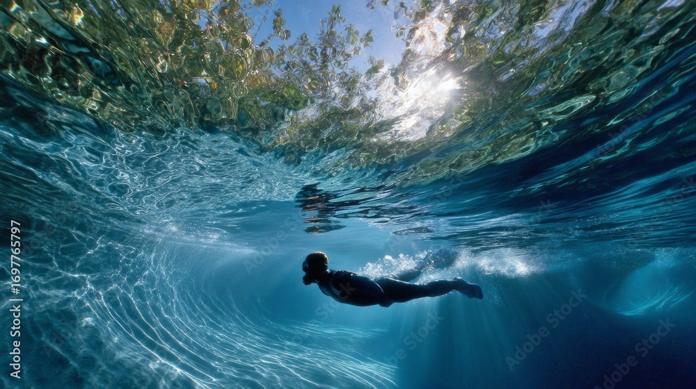 Obraz premium Underwater swimmer gliding through sunlit ocean waves on a clear day