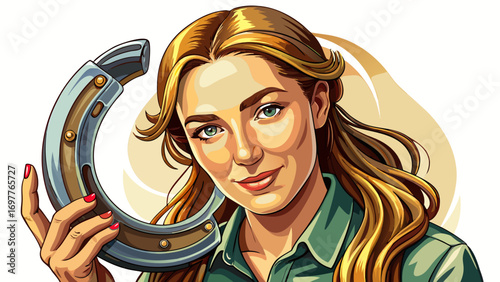 
Close-up portrait of female farrier holding a polished horseshoe. White background highlights experience, craftsmanship, and animal care.