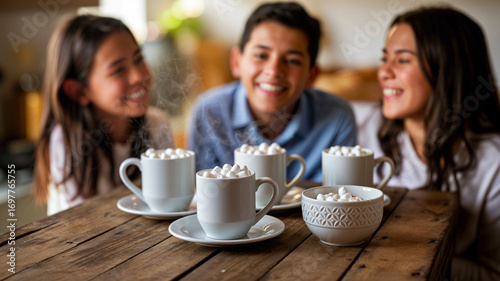 Children enjoying hot chocolate with marshmallows at wooden table  