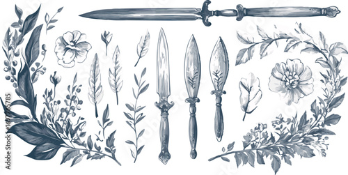 Antique ornate cutlery and sword surrounded by delicate botanical floral elements and leaves