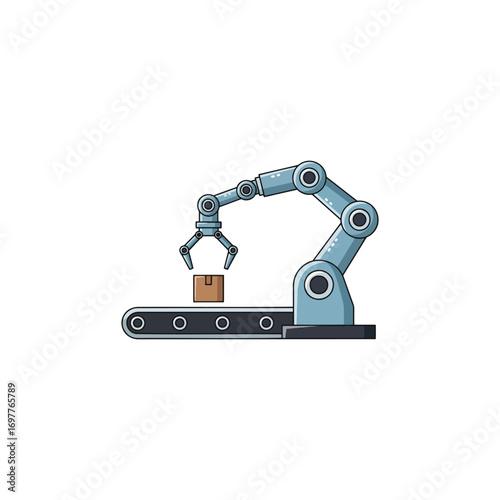 Robotic arm on a conveyor belt picking up a box in a factory setting.