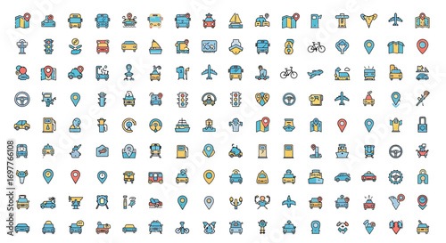 A diverse set of modern filled outline icons representing transportation, logistics, and GPS navigation for web and mobile applications