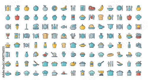 Colorful flat line icon set for cooking and culinary arts, featuring kitchen utensils, cookware, and gourmet food elements