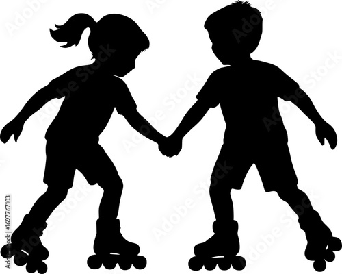 Minimal black and white vector silhouette of two kids roller skating hand in hand, clean design, perfect for family, lifestyle, and sports illustrations.
