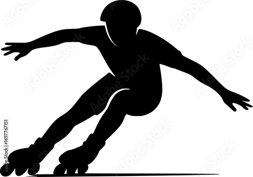 Minimal black and white vector silhouette of a roller skater sliding sideways, clean design, perfect for roller sports graphics, posters, and dynamic action illustrations.