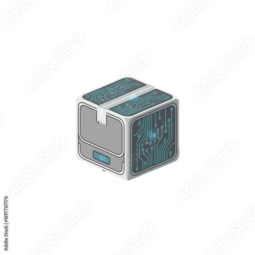 Isometric illustration of a futuristic cube-shaped package with integrated circuit board patterns and a digital display.