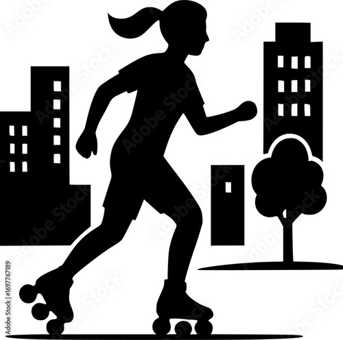 Minimal black and white vector silhouette of a roller skater cruising on a city street, clean design, perfect for urban lifestyle, sports, and dynamic graphics.
