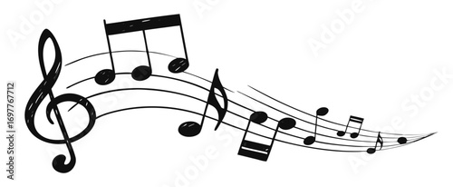 Musical note. Staff treble clef notes musician concept vector isolated on transparent background. Illustration of music sound, tune bass treble, vector illustration.