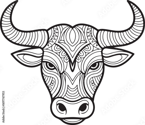 Detailed black and white line art illustration of a bull's head with intricate patterns animal livestock