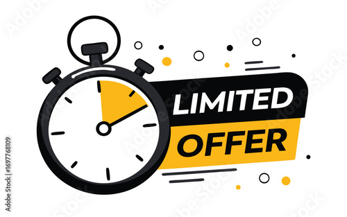 Limited offer with clock for promotion, banner, price. Super promo with countdown or exclusive deal. Last minute offer one day sales and timer. Last minute .