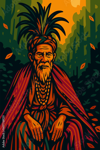 Elder Tribal Leader in Traditional Clothing Vector Illustration