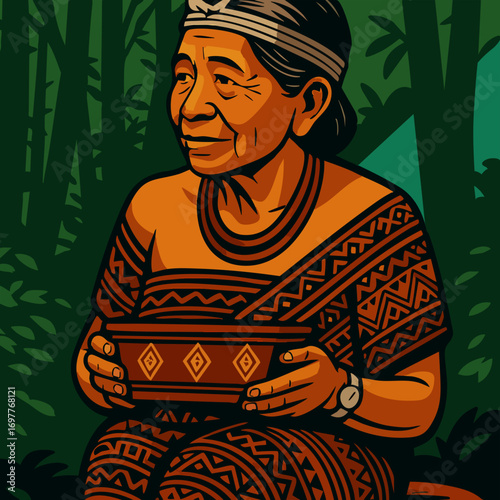 Elder Indigenous Woman in Traditional Dress Holding a Bowl Vector Illustration