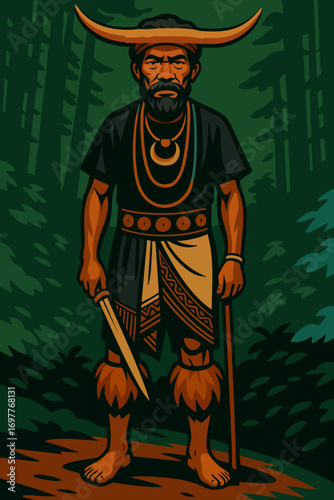 Indigenous Tribal Warrior with Horn Headdress and Traditional Attire Illustration
