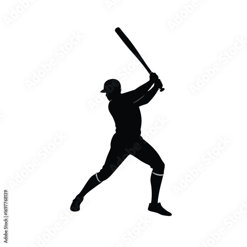Dynamic black silhouette of a cricketer in mid swing action