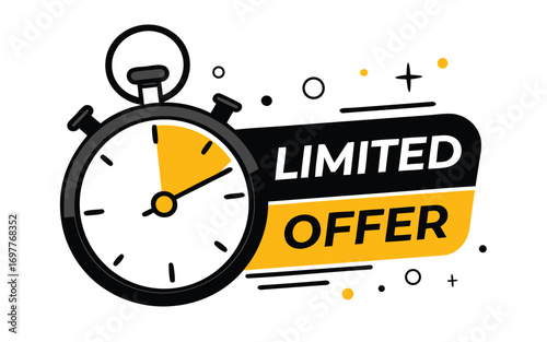 Limited offer with clock for promotion, banner, price. Super promo with countdown or exclusive deal. Last minute offer one day sales and timer. Last minute .