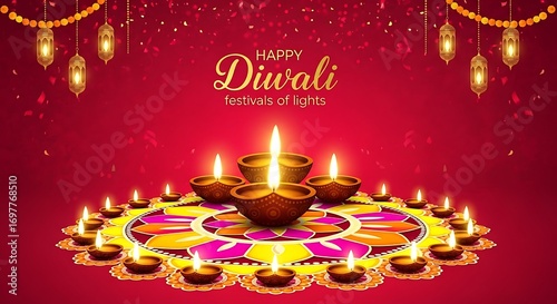 Happy diwali festival of lights with diyas and rangoli decoration