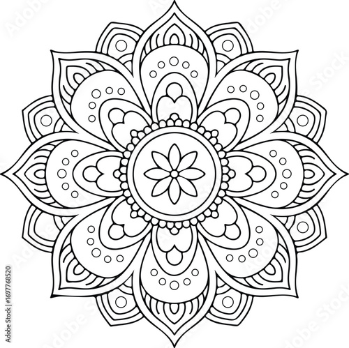 Intricate black and white floral mandala design with geometric patterns and circular motifs vector illustration