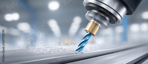 Drill bit is being used to cut into a metal surface. Concept of precision and control, as the drill bit is being used to create a clean, precise cut. The image also suggests a sense of power