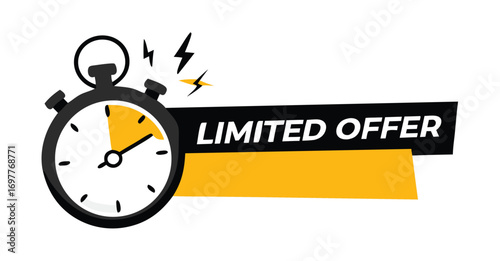 Red limited offer hurry up with clock for promotion, banner, price. Label countdown of time for offer sale or exclusive deal. Alarm clock