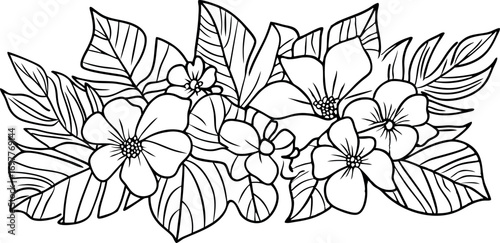 Delicate hand drawn tropical floral arrangement with lush leaves and blooming flowers in black and white outline