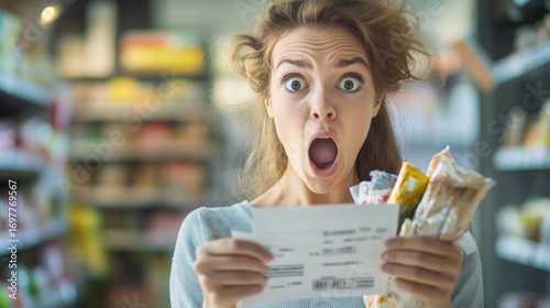 Shocked woman holding grocery receipt with surprised face in supermarket high prices shopping concept