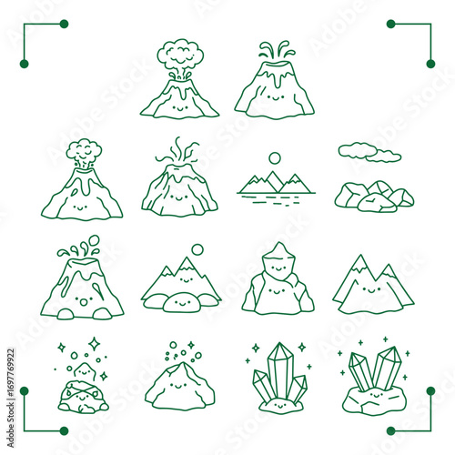 Cute Cartoon Volcanoes Mountains and Crystals Icons Set.
