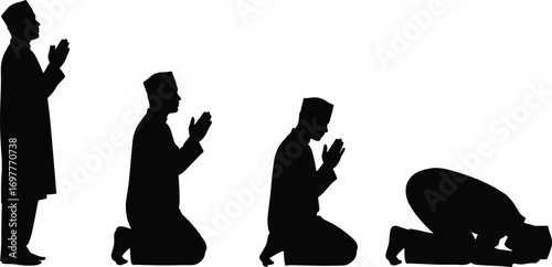 Silhouette of Man in Traditional Clothing Praying in Various Positions, Standing, Kneeling, Prostrating, Black and White Vector Illustration