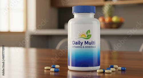 Daily multivitamin supplement bottle with pills on wooden table  