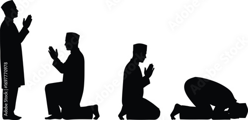 Silhouette of Muslim Man in Traditional Clothing Performing Islamic Prayer Steps, Standing, Kneeling, Prostrating, Black and White Vector Illustration