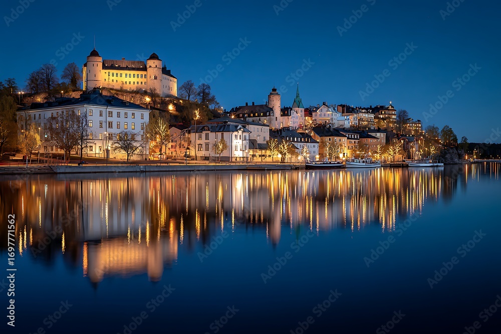 Obraz premium Serene Twilight Panorama: Historic European Cityscape Reflected in Calm River Waters