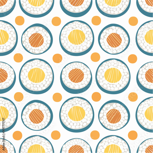 Seamless Vector Pattern of Korean Kimbap Rolls with Seaweed, Rice, and Fresh Vegetables in Flat Design