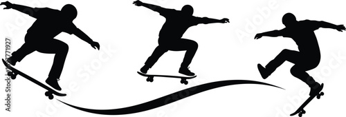Silhouette of skateboarder performing tricks in sequence, dynamic action, urban sport, extreme skating, skateboarding lifestyle, energy, and movement concept.